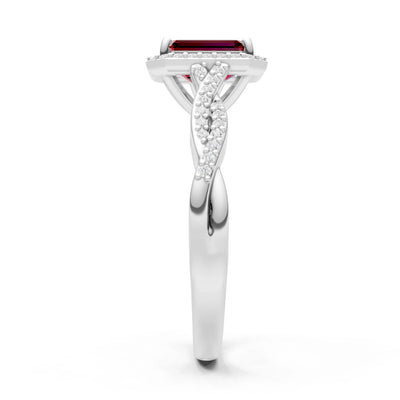 Garnet Twisted Vine Solitaire Emerald Cut Halo Ring with Accent