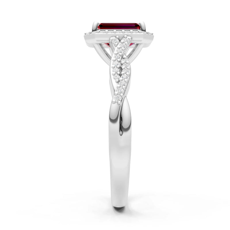 Garnet Twisted Vine Solitaire Emerald Cut Halo Ring with Accent