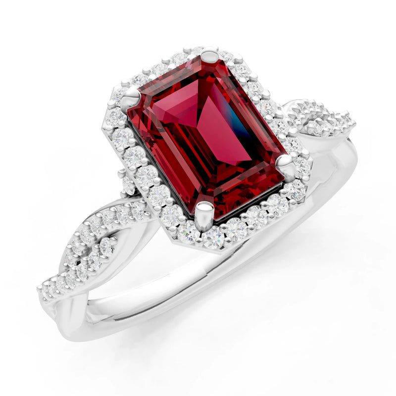 Garnet Twisted Vine Solitaire Emerald Cut Halo Ring with Accent