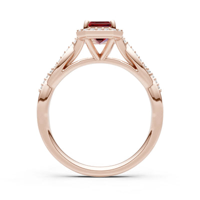 Garnet Twisted Vine Solitaire Emerald Cut Halo Ring with Accent