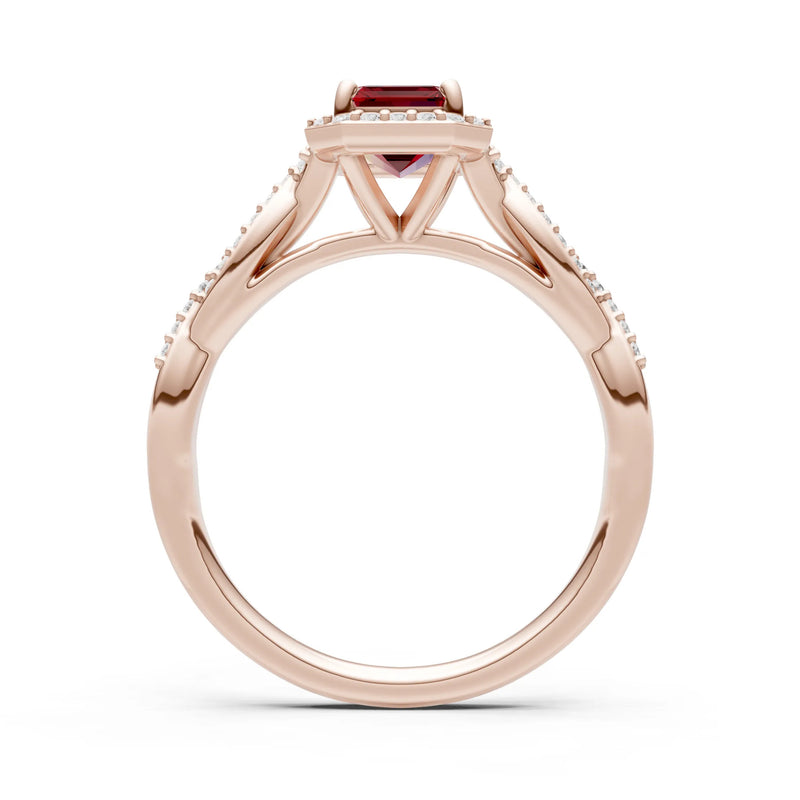 Garnet Twisted Vine Solitaire Emerald Cut Halo Ring with Accent