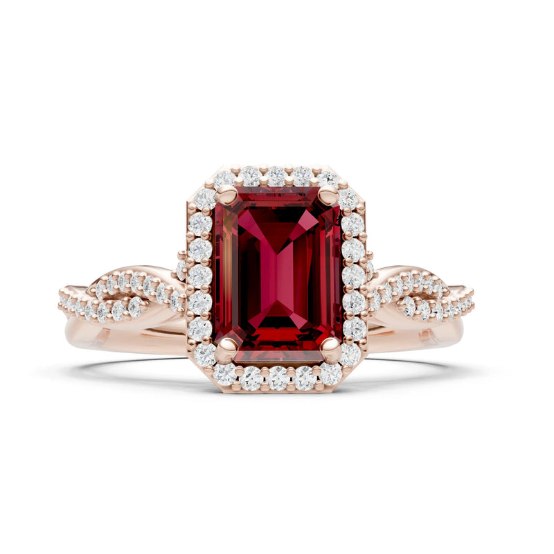 Twisted Vine Solitaire Emerald Cut Halo Ring with Accent