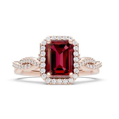 Garnet Twisted Vine Solitaire Emerald Cut Halo Ring with Accent
