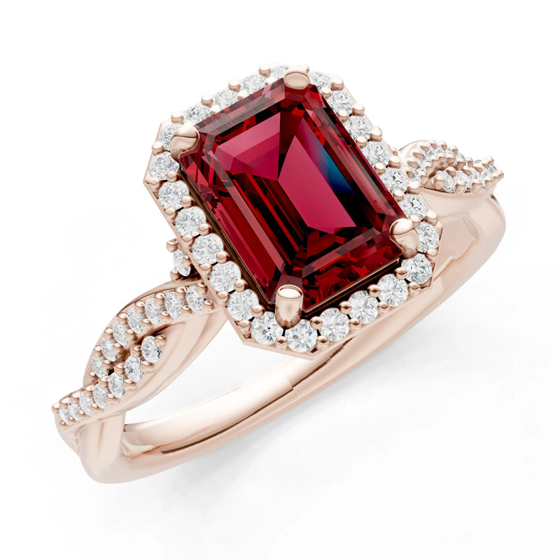 Garnet Twisted Vine Solitaire Emerald Cut Halo Ring with Accent