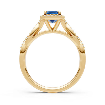 London Blue Topaz Twisted Vine Solitaire Emerald Cut Halo Ring with Accent