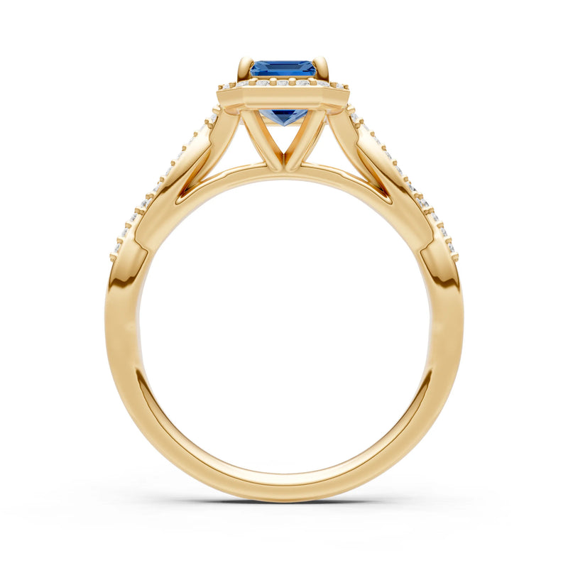 London Blue Topaz Twisted Vine Solitaire Emerald Cut Halo Ring with Accent