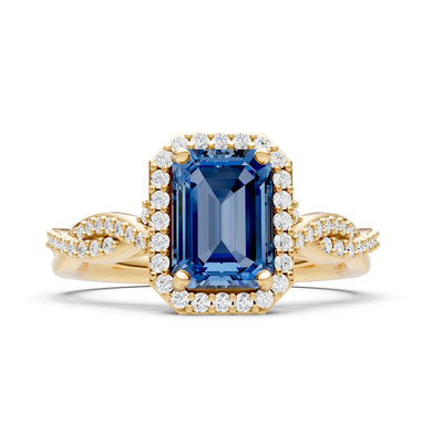 London Blue Topaz Twisted Vine Solitaire Emerald Cut Halo Ring with Accent