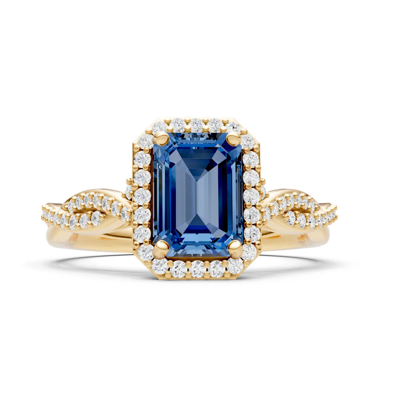 London Blue Topaz Twisted Vine Solitaire Emerald Cut Halo Ring with Accent