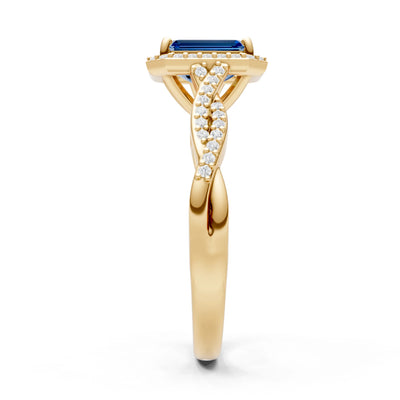 London Blue Topaz Twisted Vine Solitaire Emerald Cut Halo Ring with Accent