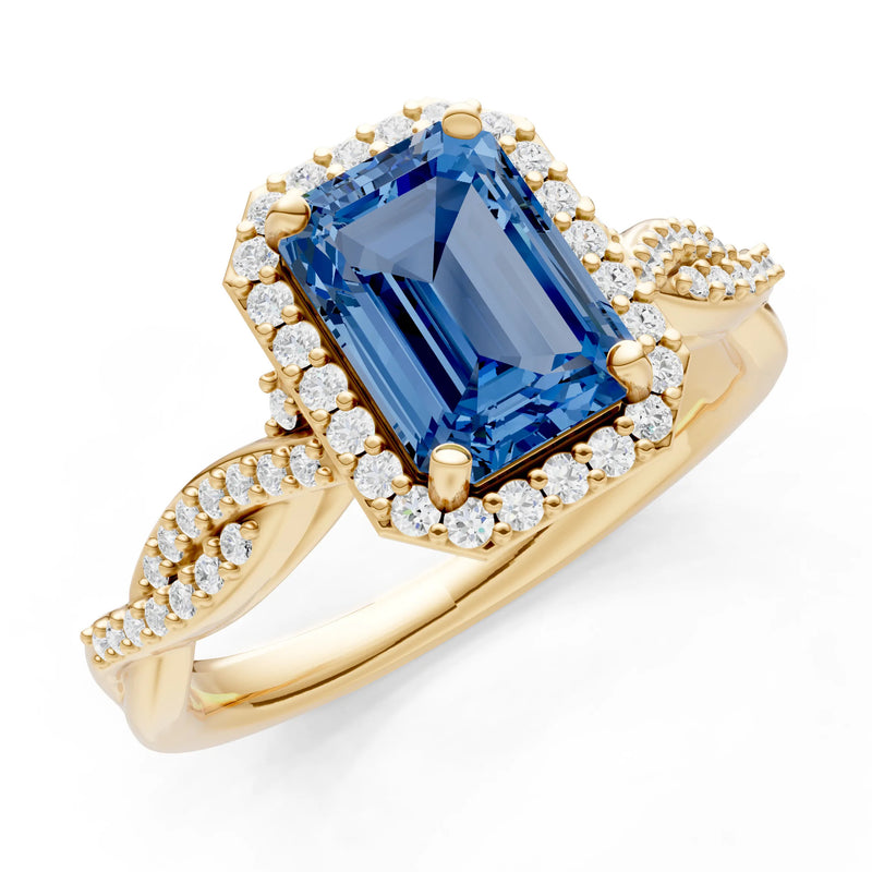 London Blue Topaz Twisted Vine Solitaire Emerald Cut Halo Ring with Accent