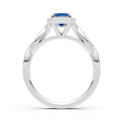 London Blue Topaz Twisted Vine Solitaire Emerald Cut Halo Ring with Accent