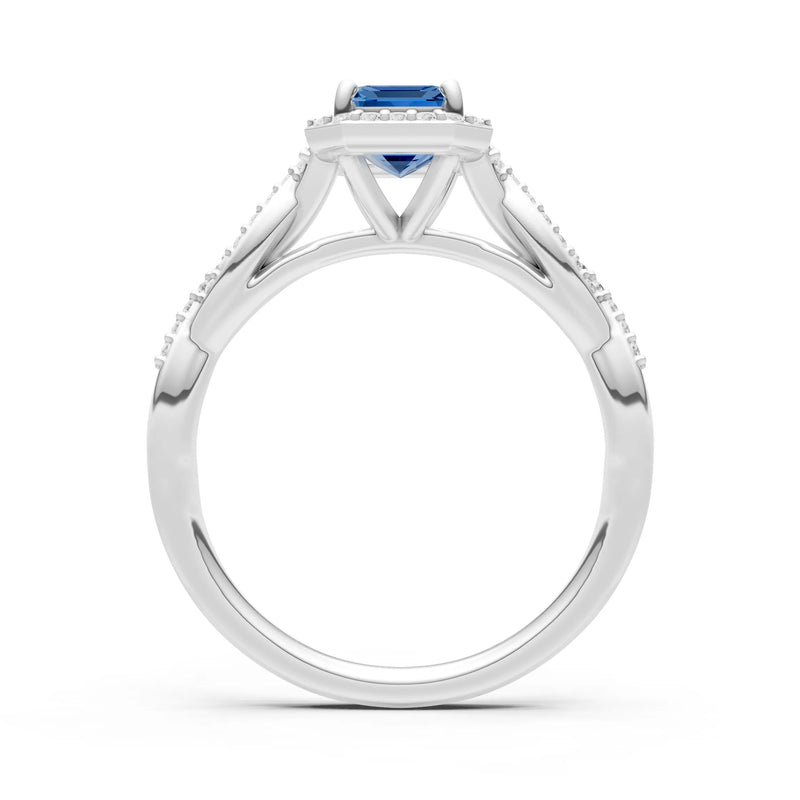 London Blue Topaz Twisted Vine Solitaire Emerald Cut Halo Ring with Accent