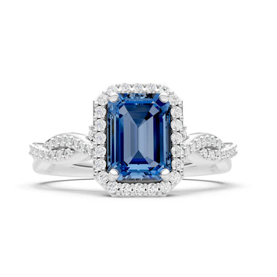 London Blue Topaz Twisted Vine Solitaire Emerald Cut Halo Ring with Accent