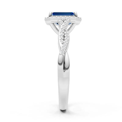 London Blue Topaz Twisted Vine Solitaire Emerald Cut Halo Ring with Accent