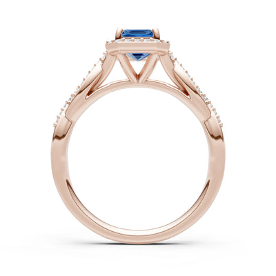 London Blue Topaz Twisted Vine Solitaire Emerald Cut Halo Ring with Accent