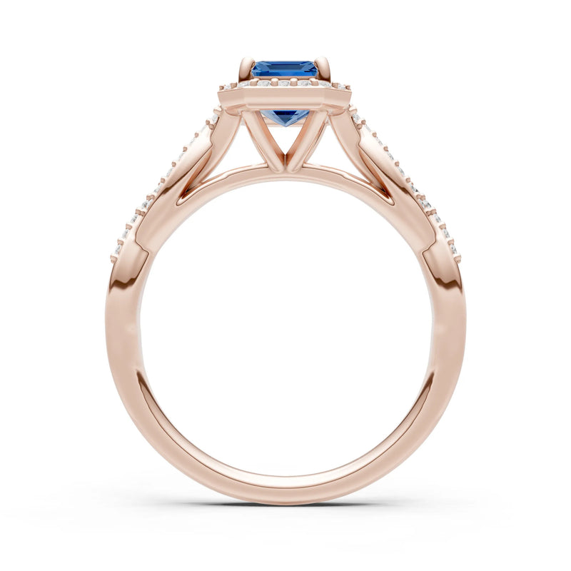 London Blue Topaz Twisted Vine Solitaire Emerald Cut Halo Ring with Accent