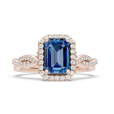 London Blue Topaz Twisted Vine Solitaire Emerald Cut Halo Ring with Accent