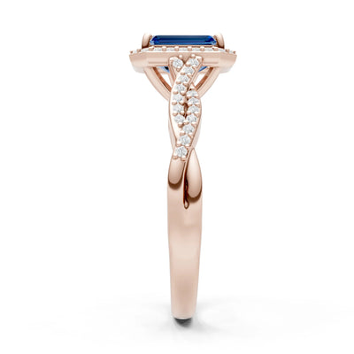 London Blue Topaz Twisted Vine Solitaire Emerald Cut Halo Ring with Accent