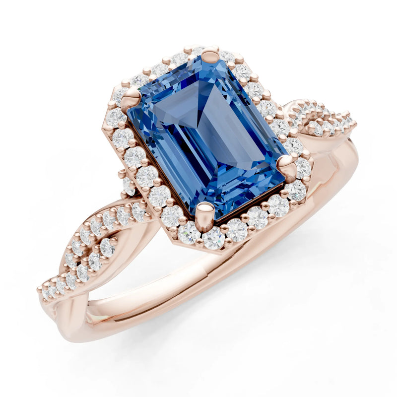 London Blue Topaz Twisted Vine Solitaire Emerald Cut Halo Ring with Accent