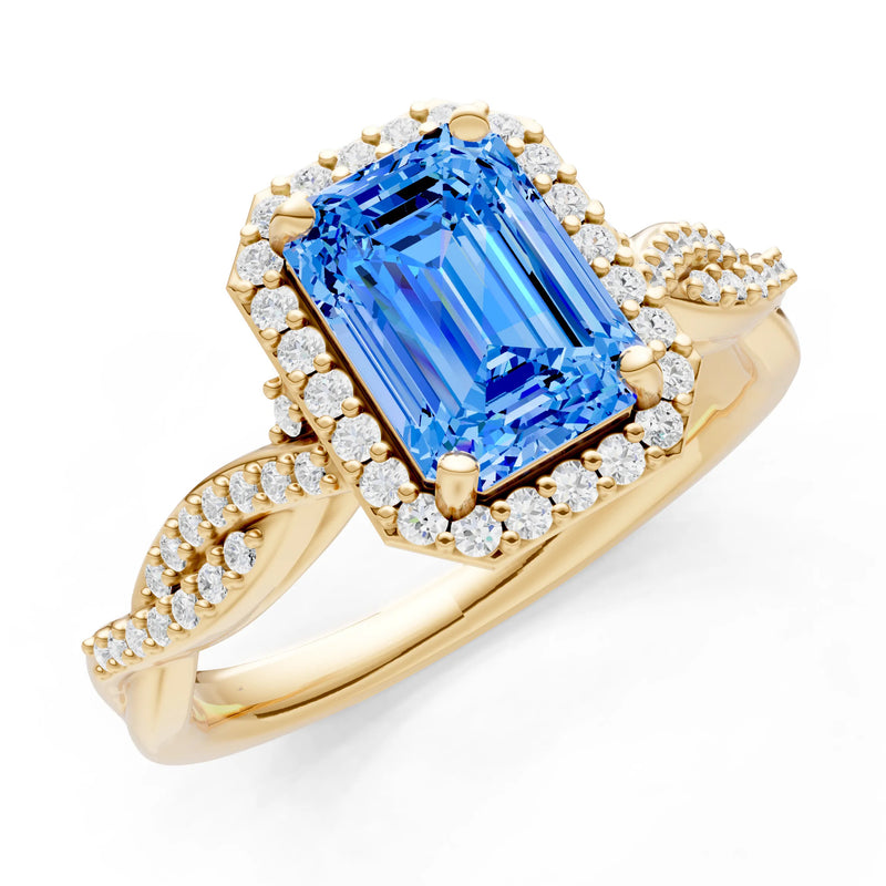Twisted Vine Solitaire Emerald Cut Halo Ring with Accent