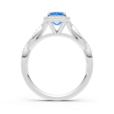 Twisted Vine Solitaire Emerald Cut Halo Ring with Accent