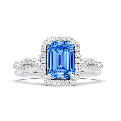 Twisted Vine Solitaire Emerald Cut Halo Ring with Accent