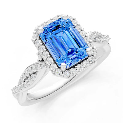Twisted Vine Solitaire Emerald Cut Halo Ring with Accent