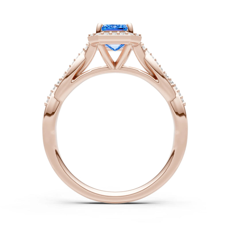 Twisted Vine Solitaire Emerald Cut Halo Ring with Accent