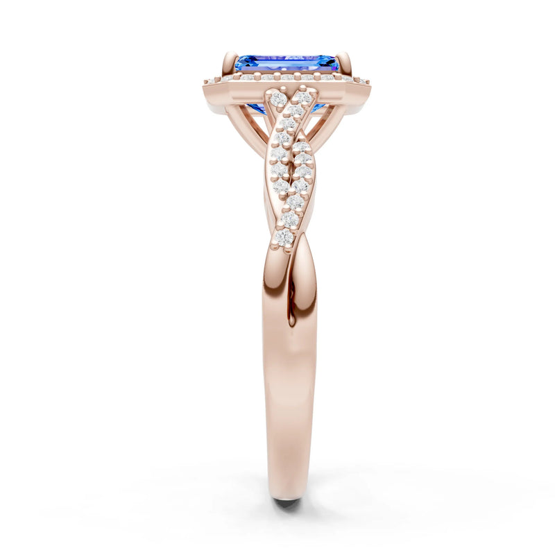 Twisted Vine Solitaire Emerald Cut Halo Ring with Accent