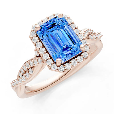 Twisted Vine Solitaire Emerald Cut Halo Ring with Accent