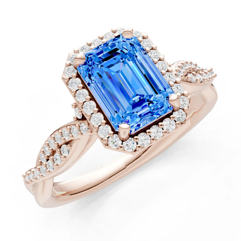 Twisted Vine Solitaire Emerald Cut Halo Ring with Accent