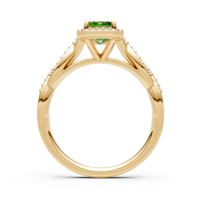 Peridot Twisted Vine Solitaire Emerald Cut Halo Ring with Accent