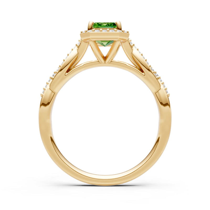 Peridot Twisted Vine Solitaire Emerald Cut Halo Ring with Accent
