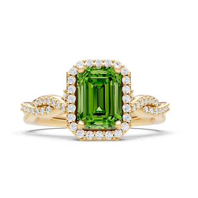Peridot Twisted Vine Solitaire Emerald Cut Halo Ring with Accent