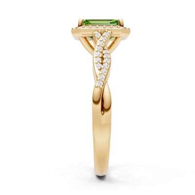 Peridot Twisted Vine Solitaire Emerald Cut Halo Ring with Accent