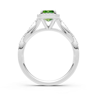 Peridot Twisted Vine Solitaire Emerald Cut Halo Ring with Accent