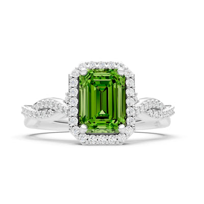 Peridot Twisted Vine Solitaire Emerald Cut Halo Ring with Accent