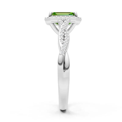 Peridot Twisted Vine Solitaire Emerald Cut Halo Ring with Accent