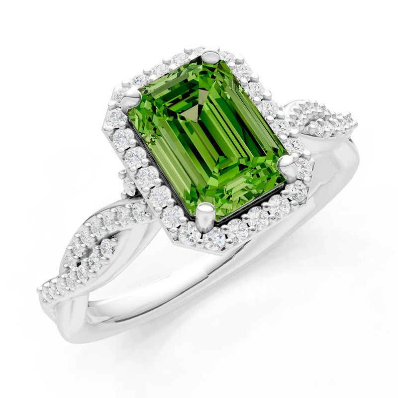 Peridot Twisted Vine Solitaire Emerald Cut Halo Ring with Accent