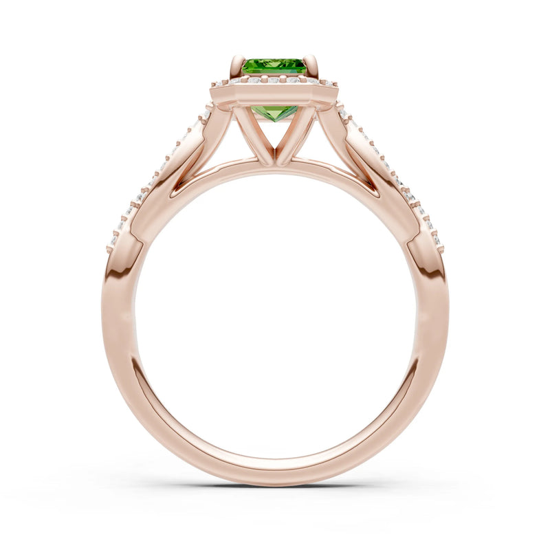 Peridot Twisted Vine Solitaire Emerald Cut Halo Ring with Accent