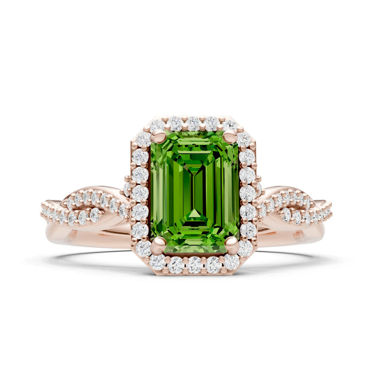 Peridot Twisted Vine Solitaire Emerald Cut Halo Ring with Accent