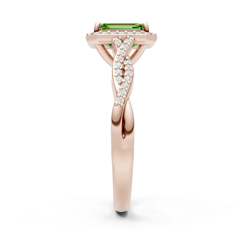 Peridot Twisted Vine Solitaire Emerald Cut Halo Ring with Accent