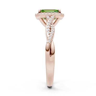 Twisted Vine Solitaire Emerald Cut Halo Ring with Accent