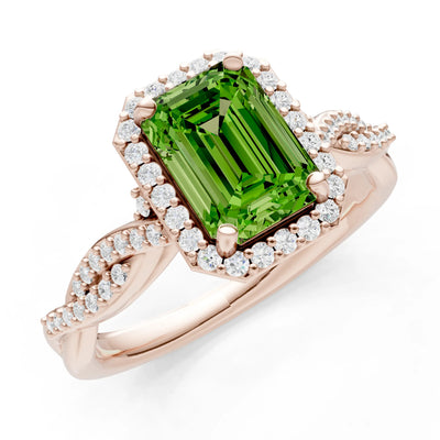 Peridot Twisted Vine Solitaire Emerald Cut Halo Ring with Accent