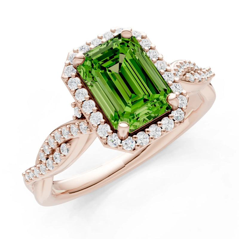 Peridot Twisted Vine Solitaire Emerald Cut Halo Ring with Accent