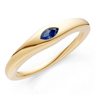Blue Sapphire Flush-Set Marquise Gemstone Mini Signet Ring