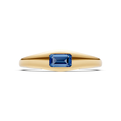 London Blue Topaz Flush-Set Emerald Cut Gemstone Mini Signet Ring
