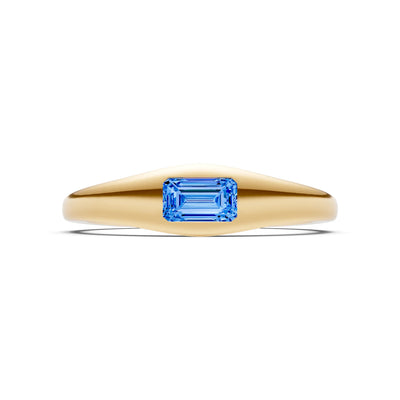 Swiss Blue Topaz Flush-Set Emerald Cut Gemstone Mini Signet Ring