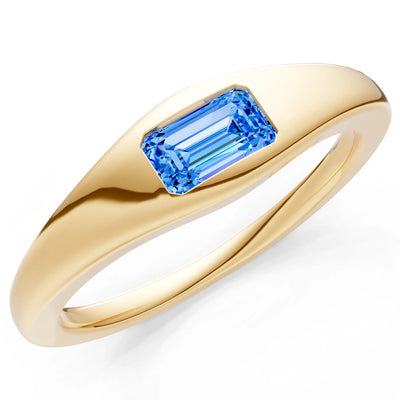 Swiss Blue Topaz Flush-Set Emerald Cut Gemstone Mini Signet Ring