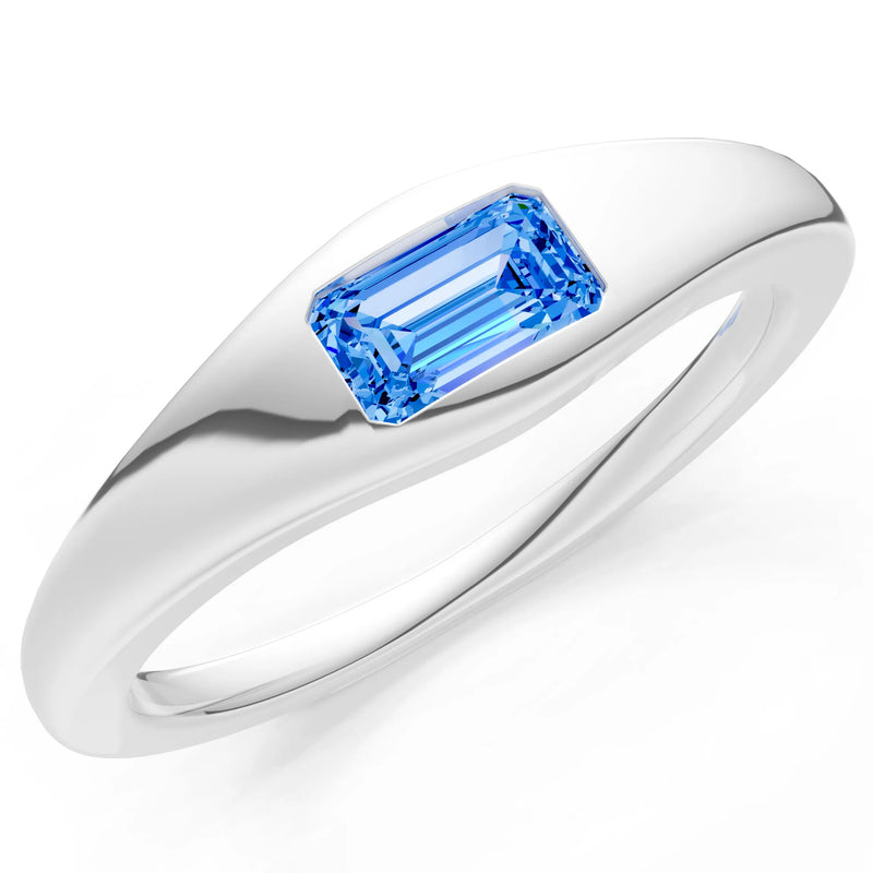 Swiss Blue Topaz Flush-Set Emerald Cut Gemstone Mini Signet Ring